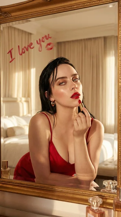 A romantic close-up of mirror love letters and red lip kiss marks