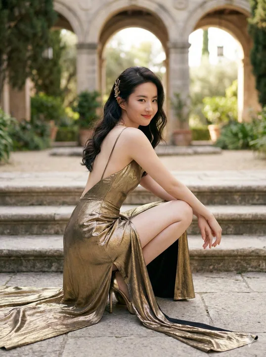 European-style courtyard, golden sequined haute couture gown, sexy over-the-shoulder glance