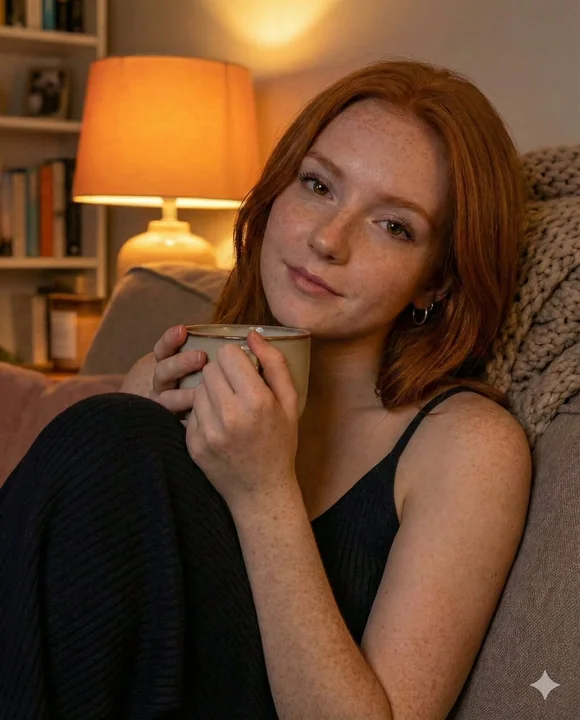 A cozy stay-at-home girl holding a hot drink under the soft glow of warm light
