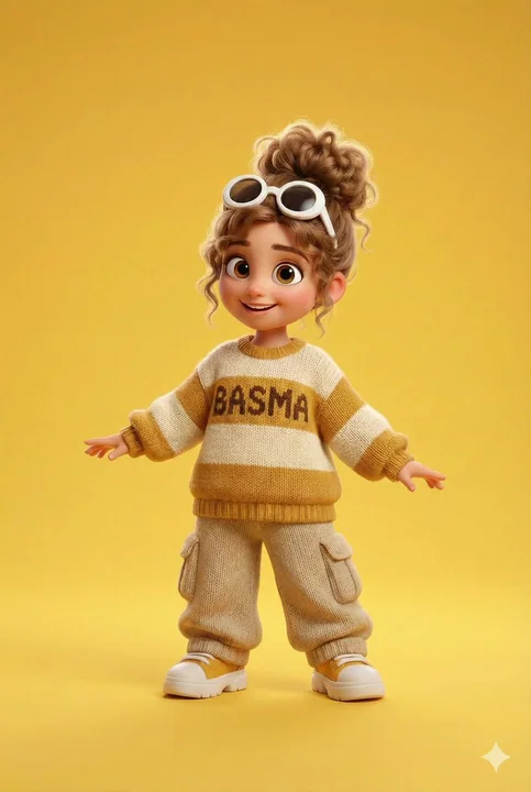 Pixar-style 3D cute girl NOOR knitted sweater character design