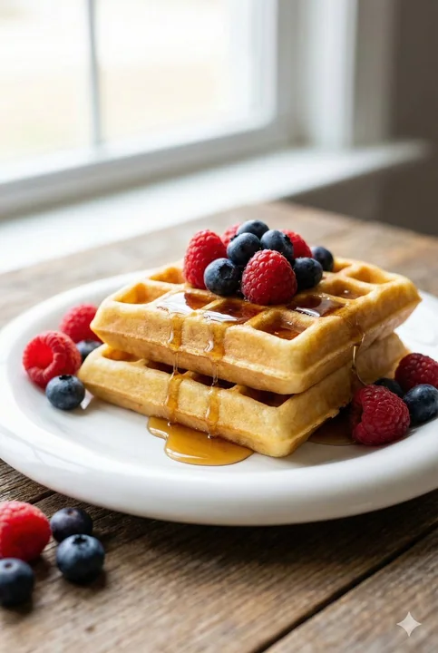 Tempting Belgian waffles with maple syrup topping food photography