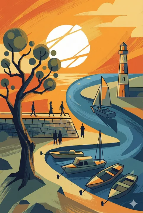 暖阳映照河畔灯塔与帆船的抽象画卷