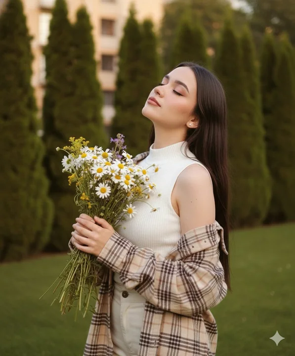 A beautiful forest-style girl intoxicated by the fragrance of flowers in the twilight glow