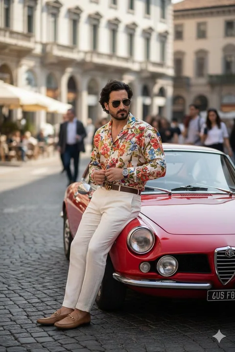 Модная фотосессия мужчины-модели Gucci рядом с ретро-роскошным автомобилем на улицах Милана