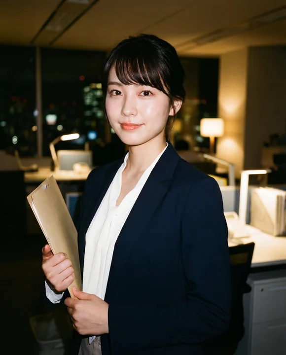 深夜办公室闪光灯下的清纯日系OL