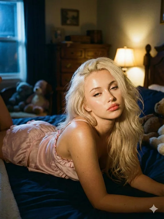 A dreamy, languid girl in pink satin pajamas photographed in soft light
