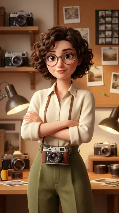 An intellectual female photographer in a Pixar-style retro photography studio