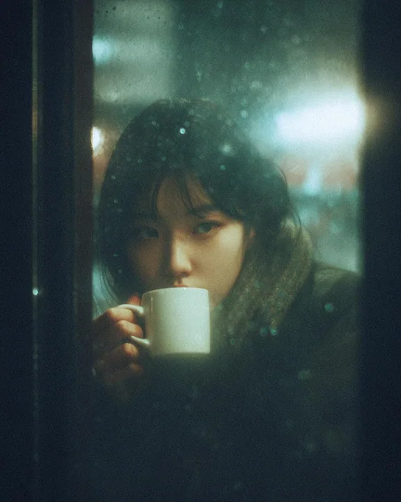 雨の夜、窓辺で味わう憂鬱なカフェの少女