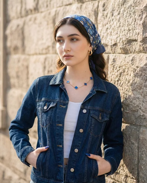 Gros plan mode d’une jeune fille en denim au style rétro, ajustant légèrement ses lunettes de soleil en encre.