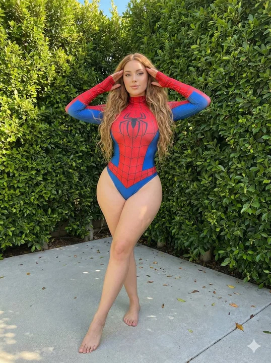 Spider-Woman catsuit photo shoot in a sunny courtyard