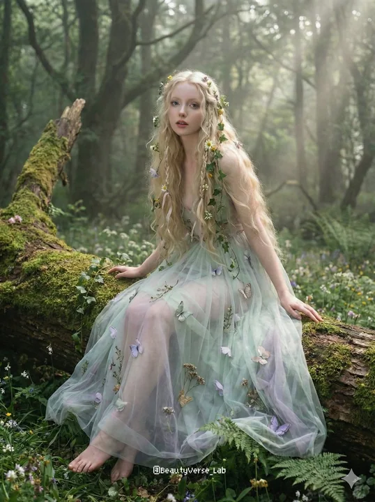 A beautiful portrait of a flower fairy in the misty forest at dawn