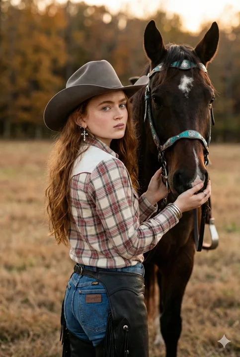 A cowgirl girl cuddling affectionately with her beloved horse under the golden warm sun