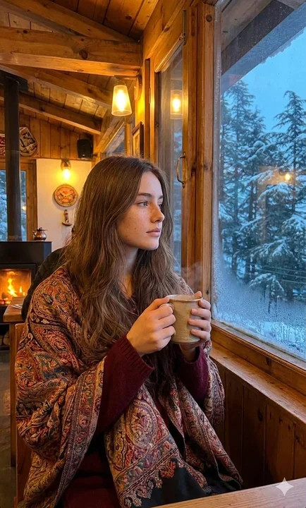 Jeune fille dans un café chaleureux sous la douce lumière des fenêtres recouvertes de givre à Shimla