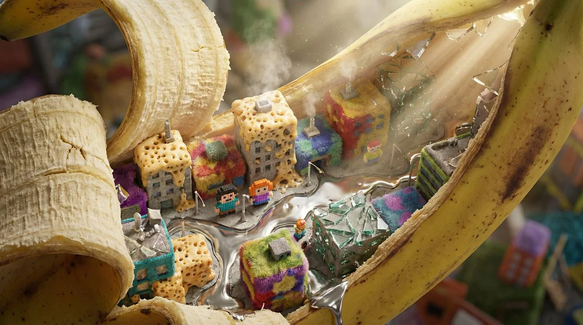 Cheese foam miniature city in the crack of a banana peel
