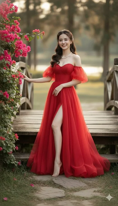 金色の夕日の下の森の中の、赤いドレスをまとったロマンチックな人物ポートレート
