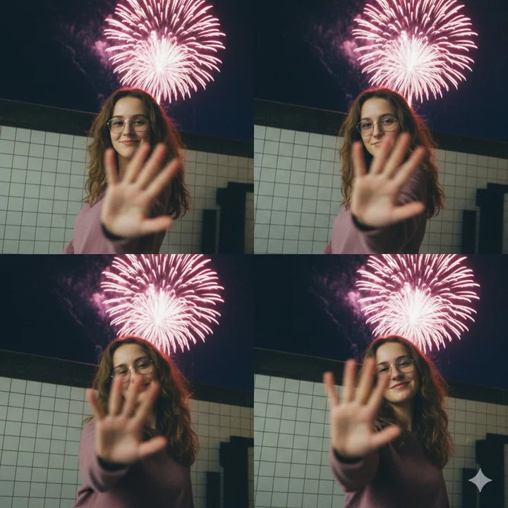Jeune fille en collage de quatre cases avec un sentiment rétro de pellicule photographique sous un ciel d'artifice