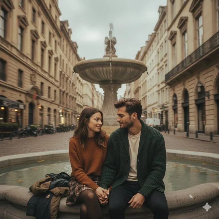 Romantic couple portrait by the fountain under the warm autumn sun on the streets of Paris