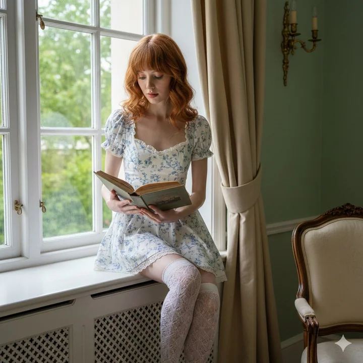A red-haired retro girl reading quietly by the window in the afternoon